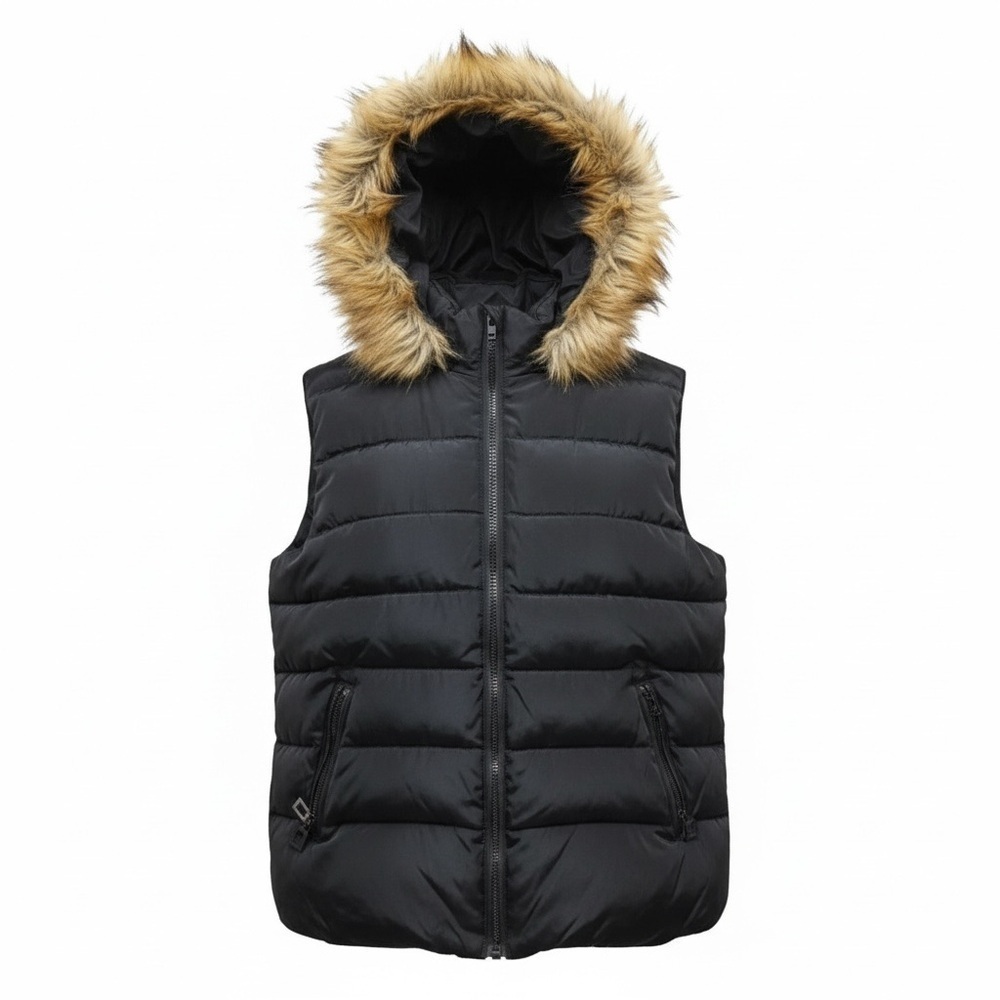 Black Puffer Vest with Faux Fur Trim with Removable Hood size XL - Picture 2 of 13